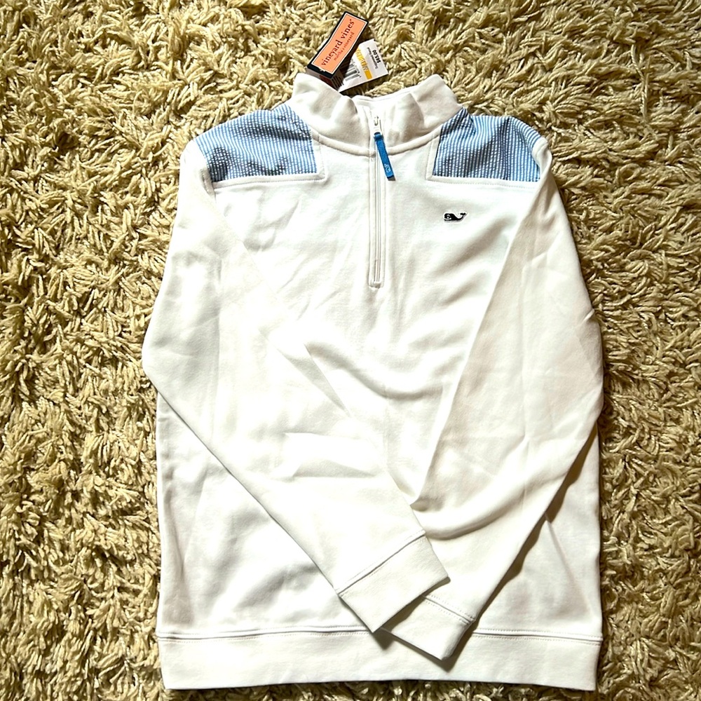 NWT Vineyard Vines girls M (10/12) 1/4 zip pull over white & blue